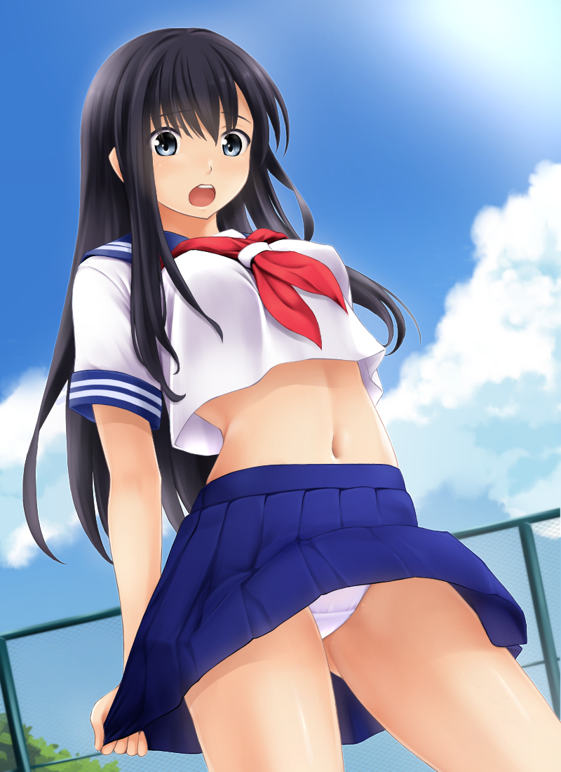 1girl :o ass_visible_through_thighs bangs blue_eyes blue_sailor_collar blue_skirt blue_sky blush breasts brown_hair chain-link_fence clouds commentary_request covered_nipples cowboy_shot day dutch_angle eyebrows_visible_through_hair fence hair_between_eyes long_hair looking_at_viewer medium_breasts midriff navel neckerchief nonaka_ritsu open_mouth original outdoors panties pleated_skirt red_neckwear sailor_collar school_uniform serafuku skirt skirt_hold sky solo standing underwear upper_teeth very_long_hair white_panties