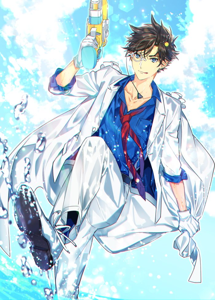 1boy blue_eyes blue_shirt brown_hair dress_shirt gloves gun holding holding_gun holding_weapon jacket kaitou_kid leg_up lens_flare magic_kaito male_focus monocle necktie open_clothes open_jacket pants red_neckwear ro-a shirt solo tongue tongue_out water_gun weapon white_gloves white_jacket white_pants