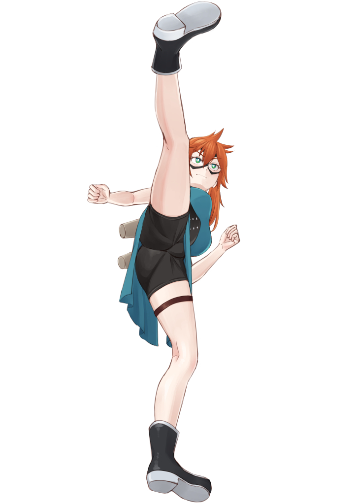 1girl aqua_eyes ass bike_shorts black_footwear boku_no_hero_academia boots breasts china_dress chinese_clothes commentary_request domino_mask dress easy_(aqk7bdqt) high_kick kendou_itsuka kicking large_breasts long_hair mask orange_hair shorts_under_dress side_ponytail side_slit simple_background solo thigh_strap white_background