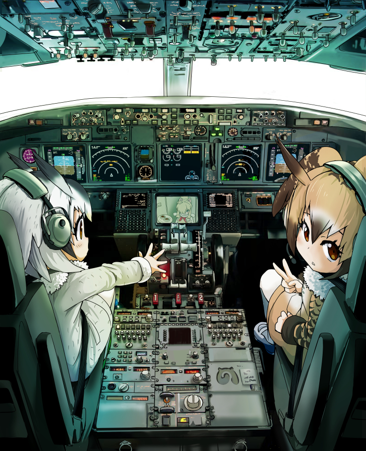 3girls aircraft airplane alpaca_ears alpaca_suri_(kemono_friends) animal_ears bangs bird_wings blush brown_coat brown_hair buttons coat cockpit commentary_request cup day dial doitsuken eurasian_eagle_owl_(kemono_friends) eyelashes from_behind fur-trimmed_coat fur_collar fur_trim grey_coat grey_hair hair_over_one_eye head_wings headphones headset japari_symbol kemono_friends looking_at_viewer looking_back multicolored_hair multiple_girls northern_white-faced_owl_(kemono_friends) owl_ears pantyhose parted_lips pilot plane_interior pocket reaching_out shoes short_hair sitting teacup tray uwabaki v white_hair white_legwear wings