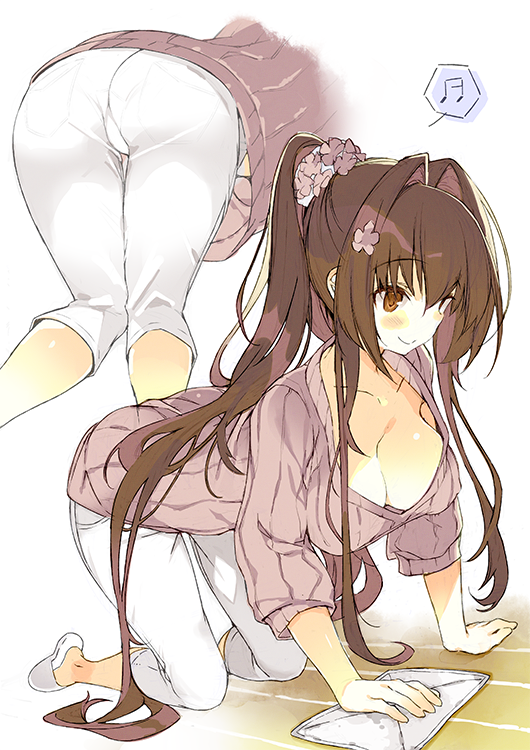 1girl all_fours ass bangs blush breasts brown_eyes brown_hair cleaning cleavage closed_mouth collarbone flower hair_flower hair_intakes hair_ornament hips kantai_collection large_breasts long_hair musical_note pants pink_sweater ponytail ribbed_sweater shimeji_(4_me_ji) simple_background slippers smile solo spoken_musical_note sweater thighs towel very_long_hair white_background white_pants yamato_(kantai_collection)