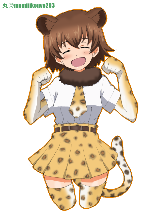 1girl :d animal_ears animal_print artist_name black_belt blush bodystocking brown_hair clenched_hands closed_mouth commentary cosplay cowboy_shot cropped_legs eyebrows_visible_through_hair facing_viewer freckles fur_collar girls_und_panzer gloves kayabakoro kemono_friends miniskirt necktie open_mouth paw_pose pleated_skirt print_gloves print_legwear print_neckwear print_skirt shirt short_hair short_sleeves simple_background skirt smile solo standing tail thigh-highs tsuchiya_(girls_und_panzer) twitter_username white_background white_shirt yellow_gloves yellow_legwear yellow_skirt