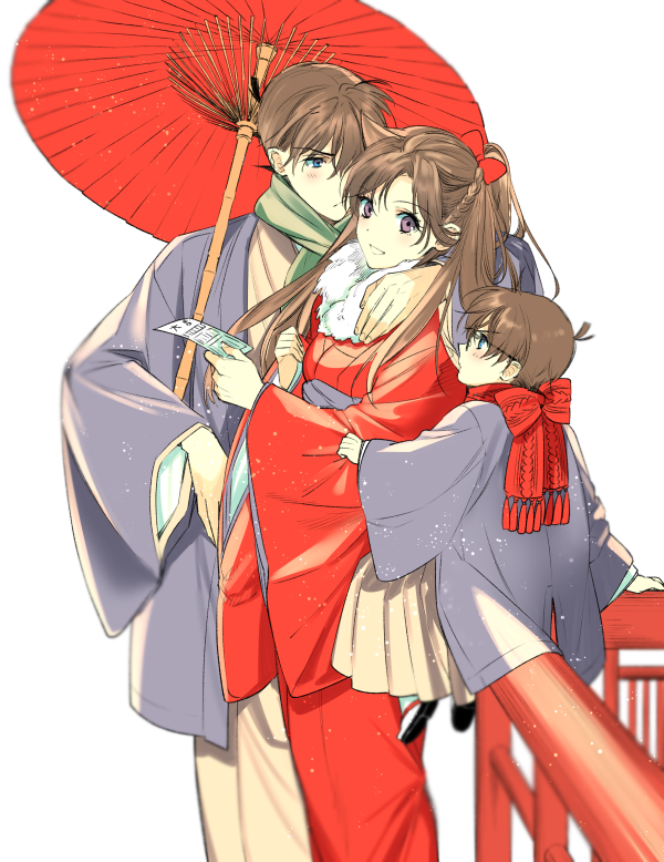 arm_around_neck arm_support bow brown_hair edogawa_conan fur_trim green_eyes grin hair_bow hakama haori holding holding_umbrella japanese_clothes kimono kudou_shin'ichi long_hair long_sleeves meitantei_conan mouri_ran oriental_umbrella ponytail red_bow red_kimono red_scarf red_umbrella ro-a scarf sitting smile umbrella violet_eyes white_hakama yukata