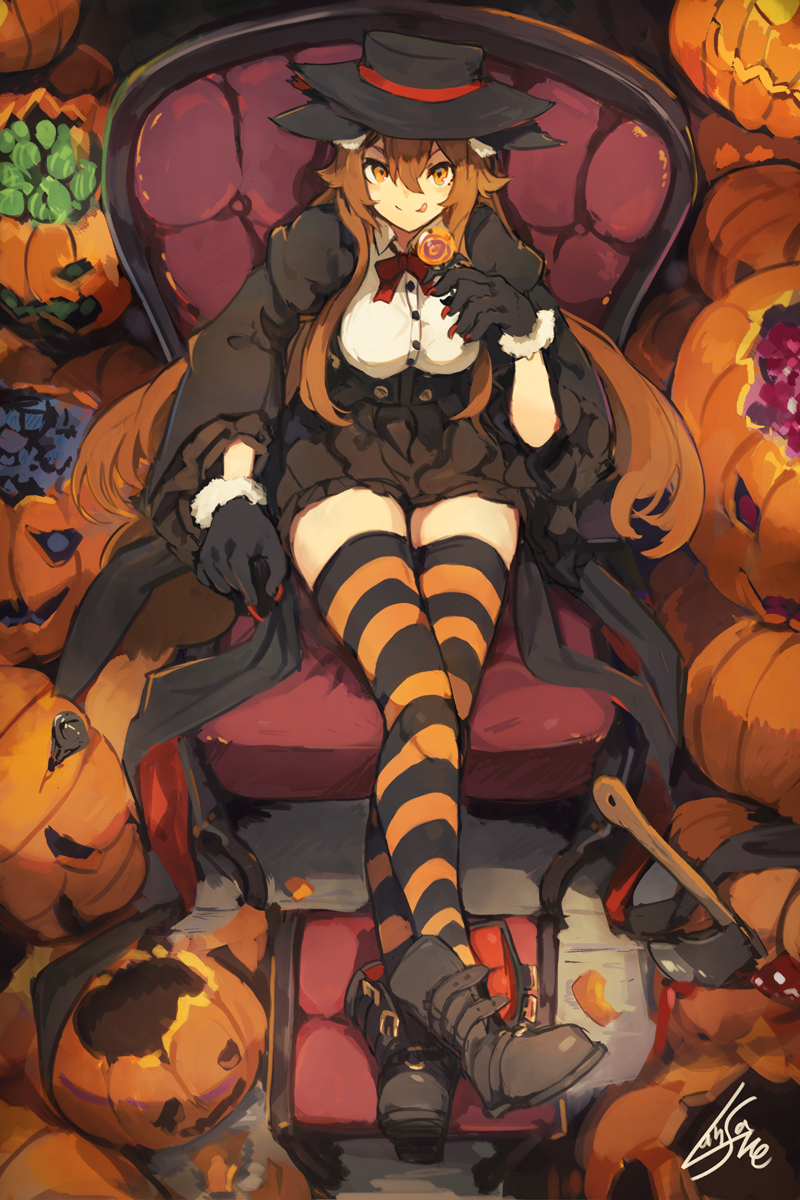 1girl :q animal_ears ankle_boots artist_name axe black_footwear black_gloves black_hat black_skirt blush boots bow bowtie breasts brown_hair candy closed_mouth commentary_request ears_down food footstool full_body fur-trimmed_gloves fur_trim gloves hair_between_eyes hair_flaps halloween hat high-waist_skirt highres holding holding_food lansane large_breasts lollipop long_hair long_sleeves looking_at_viewer open_clothes orange_eyes original pumpkin red_bow red_neckwear shirt sidelocks signature sitting skirt smile solo striped striped_legwear thigh-highs throne tongue tongue_out tsana_(lansane) v-shaped_eyebrows very_long_hair white_shirt zettai_ryouiki