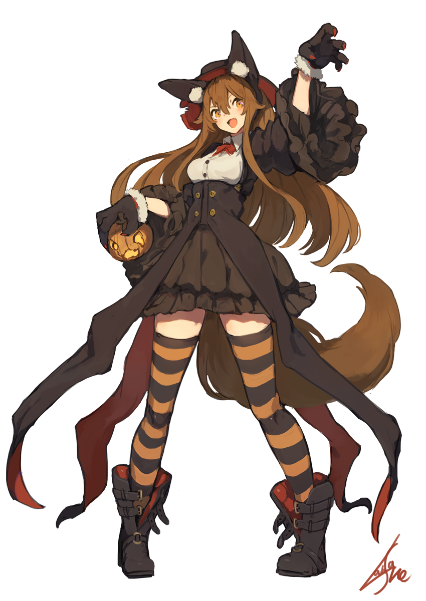 1girl :d animal_ear_fluff animal_ears ankle_boots arm_up artist_name bangs black_footwear black_gloves black_hat black_jacket black_skirt blush boots bow bowtie breasts brown_hair buckle claw_pose collared_shirt corset cropped_jacket fox_ears fox_girl fox_tail full_body fur-trimmed_gloves fur_trim gloves hair_between_eyes halloween hat high-waist_skirt highres holding jack-o'-lantern jacket lansane large_breasts legs_apart long_hair long_sleeves looking_at_viewer open_clothes open_jacket open_mouth orange_eyes original pigeon-toed pumpkin red_bow red_neckwear shirt signature simple_background skirt smile solo standing striped striped_legwear tail thigh-highs tsana_(lansane) very_long_hair white_background white_shirt wide_sleeves wing_collar zettai_ryouiki