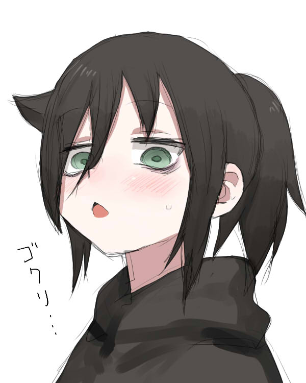 1girl bags_under_eyes black_hair green_eyes hair_between_eyes hood hoodie koma_neko kuroki_tomoko looking_at_viewer open_mouth ponytail sweatdrop triangle_mouth watashi_ga_motenai_no_wa_dou_kangaetemo_omaera_ga_warui!