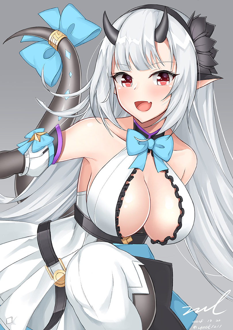 1girl bangs black_legwear blue_bow blue_neckwear blush bow bowtie breasts cleavage collarbone dated dragon_girl dragon_horns dragon_tail dress elbow_gloves epic7 eyebrows_visible_through_hair fang gloves grey_background hairband horns large_breasts leg_up long_hair looking_at_viewer pantyhose pointy_ears red_eyes sidelocks signature silver_dress silver_hair simple_background sleeveless sleeveless_dress smile snap-fit_buckle solo standing strap tail tail_bow tail_bracelet thigh-highs thighhighs_over_pantyhose twitter_username unel very_long_hair yufine_(epic7)