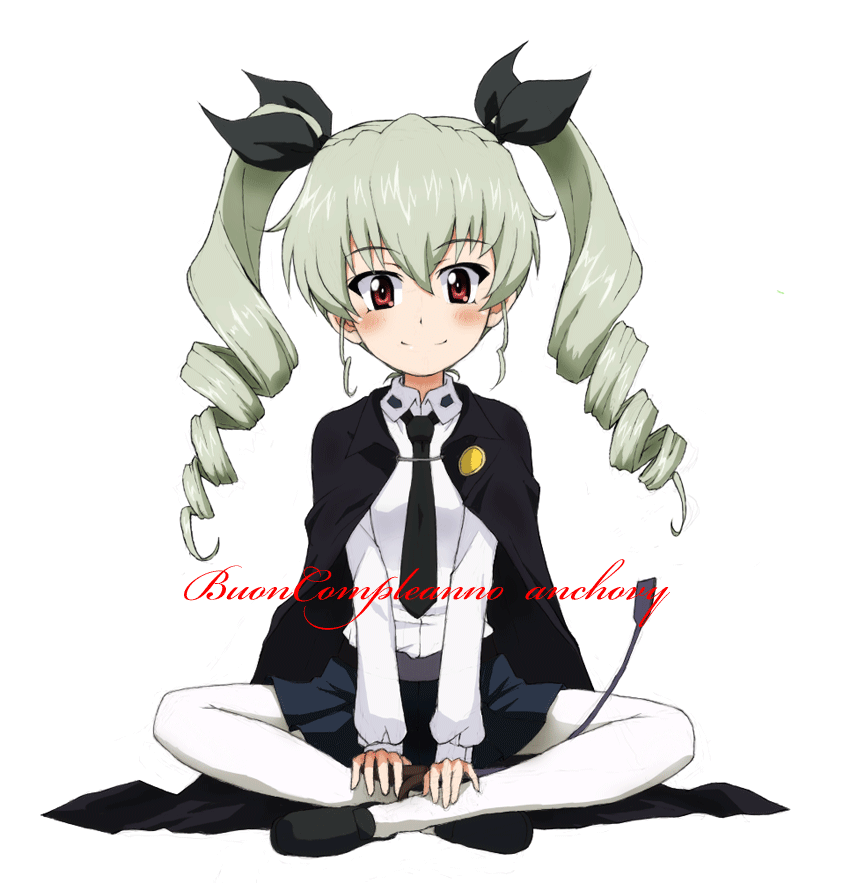 1girl anchovy anzio_school_uniform arm_support bangs belt black_belt black_cape black_footwear black_neckwear black_ribbon black_skirt blush cape character_name closed_mouth commentary cursive dress_shirt drill_hair eyebrows_visible_through_hair full_body girls_und_panzer green_hair hair_ribbon happy_birthday indian_style italian kayabakoro loafers long_hair long_sleeves looking_at_viewer miniskirt necktie pantyhose pleated_skirt red_eyes ribbon riding_crop school_uniform shirt shoes simple_background sitting skirt smile solo twin_drills twintails white_background white_legwear white_shirt