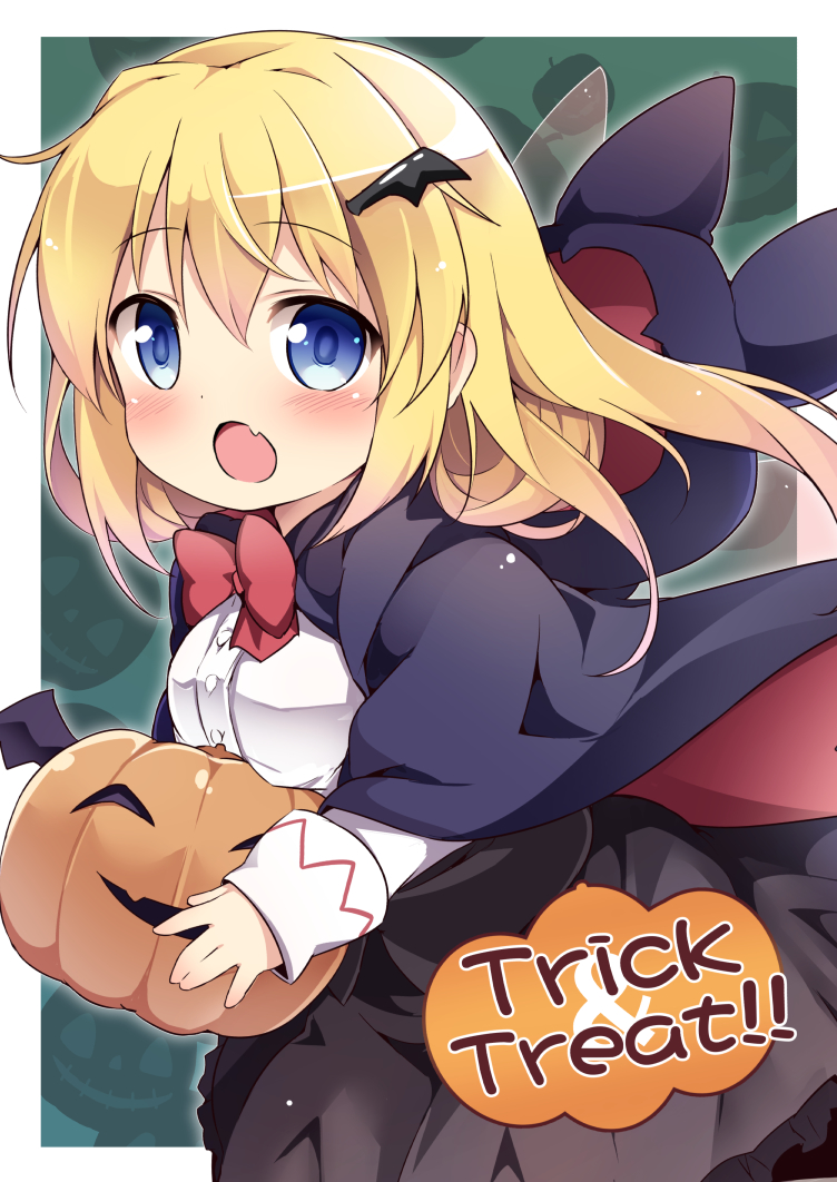 1girl :o alternate_costume baku-p bangs black_skirt blonde_hair blue_cape blue_eyes blush bow bowtie cape commentary_request dress_shirt eyebrows_visible_through_hair fairy_wings fang hair_between_eyes halloween holding hood hood_down hooded_cape jack-o'-lantern lily_white long_hair long_sleeves looking_at_viewer multicolored multicolored_cape multicolored_clothes open_mouth red_cape red_neckwear shirt skirt sleeves_past_wrists solo touhou transparent_wings trick_or_treat white_shirt wing_hair_ornament wings