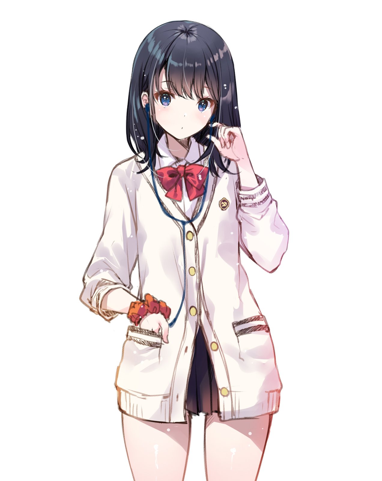 1girl bangs black_hair black_skirt blue_eyes blush bow cardigan commentary_request cowboy_shot eyebrows_visible_through_hair hand_in_pocket highres long_hair long_sleeves looking_at_viewer miwabe_sakura pleated_skirt school_uniform scrunchie shirt skirt solo ssss.gridman standing takarada_rikka thighs white_shirt wrist_scrunchie