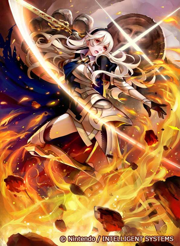 1girl armor black_gloves black_hairband cape company_name copyright_name female_my_unit_(fire_emblem_if) fire fire_emblem fire_emblem_cipher fire_emblem_if full_body gloves hairband holding holding_sword holding_weapon konfuzikokon long_hair my_unit_(fire_emblem_if) nintendo official_art open_mouth pointy_ears red_eyes rock solo sword thighs weapon white_hair