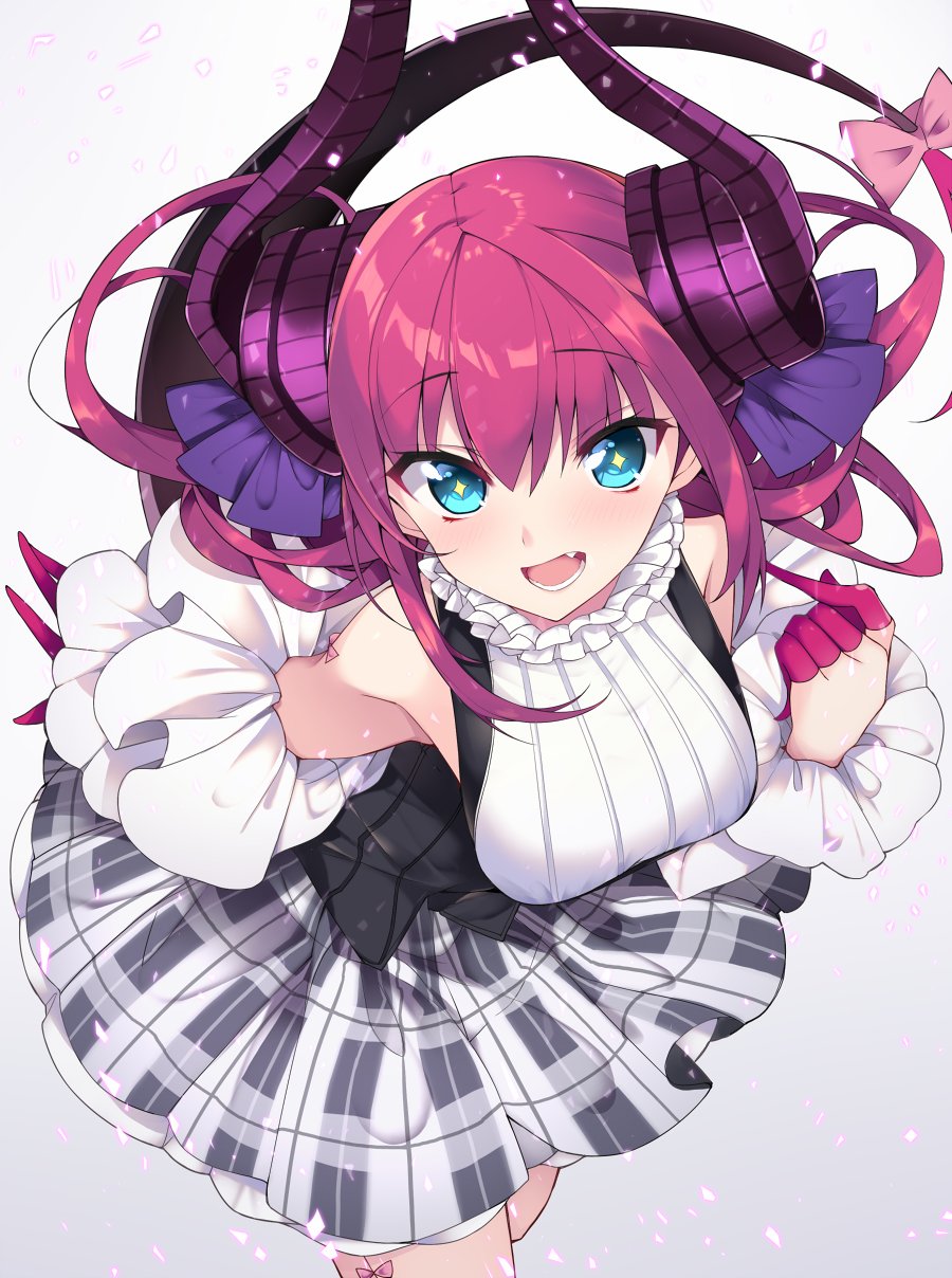 +_+ 1girl asymmetrical_horns bare_shoulders blue_eyes breasts curled_horns dragon_girl dragon_horns dragon_tail dress elizabeth_bathory_(fate) elizabeth_bathory_(fate)_(all) fang fate/extra fate/extra_ccc fate_(series) haruyuki_(yukichasoba) highres horns leaning_forward long_hair pink_hair plaid plaid_skirt pointy_ears skirt small_breasts solo tail two_side_up