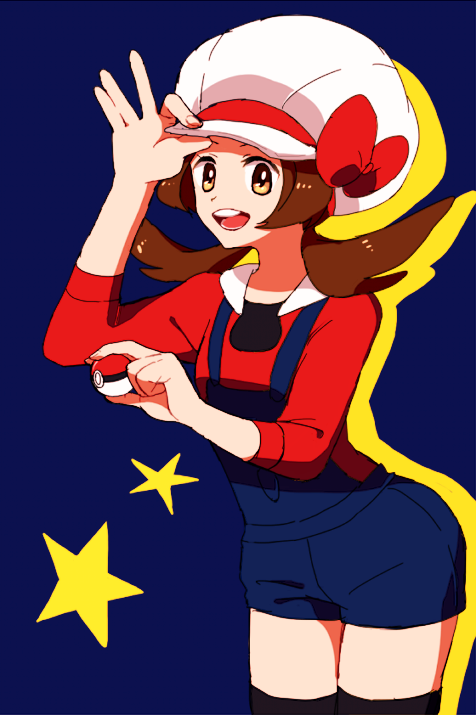 1girl bow breasts brown_hair commentary_request cowboy_shot creatures_(company) enamo_(dcah) game_freak hands_up happy hat hat_bow kotone_(pokemon) looking_at_viewer nintendo open_mouth overalls pokemon pokemon_(game) pokemon_hgss red_bow red_shirt shirt smile solo standing
