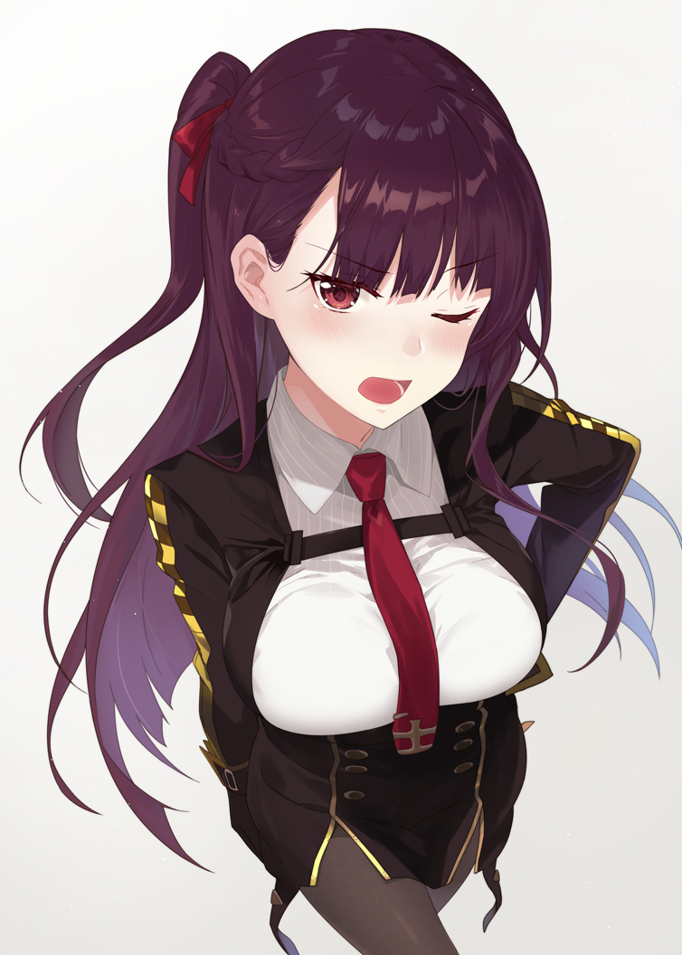 1girl azuki_yui bangs black_legwear black_skirt blazer blush braid breasts collared_shirt double-breasted eyebrows_visible_through_hair framed_breasts french_braid girls_frontline gloves grey_background hair_ribbon half_updo hand_on_hip high-waist_skirt jacket large_breasts long_hair looking_at_viewer necktie one_eye_closed one_side_up open_mouth pantyhose pelvic_curtain purple_hair red_eyes red_neckwear red_ribbon ribbon shirt simple_background skirt solo taut_clothes tsundere very_long_hair wa2000_(girls_frontline) white_shirt