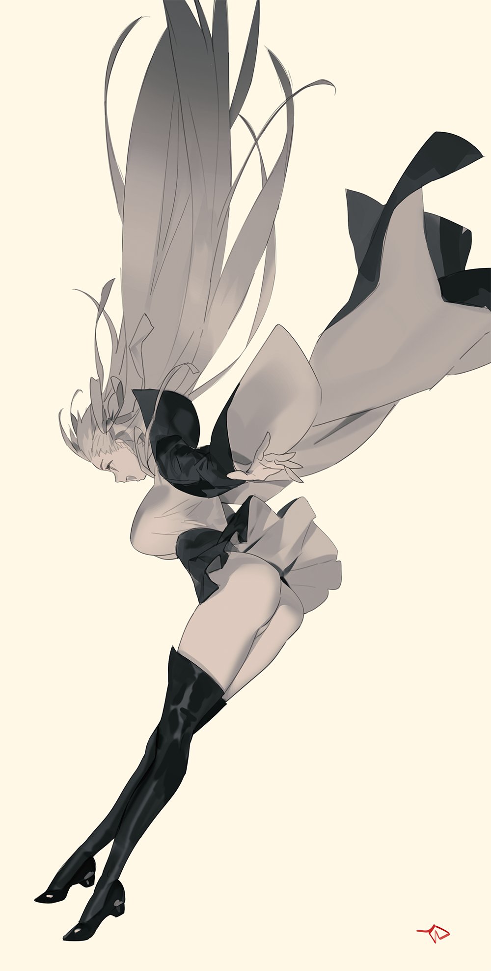 1girl ass bb_(fate)_(all) bb_(fate/extra_ccc) black_legwear bow bowtie breasts coat commentary_request fate/extra fate/extra_ccc fate/grand_order fate_(series) full_body greyscale highres large_breasts long_hair long_sleeves monochrome open_mouth panties shoes signature simple_background skirt smile solo thigh-highs thighs underwear very_long_hair white_background wide_sleeves yang-do