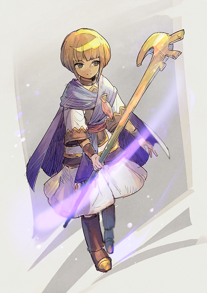 1girl aoki_(fumomo) bangs blonde_hair blunt_bangs boots bracer brown_footwear cape closed_mouth dress full_body golden_sun green_eyes holding holding_staff purple_cape shiba_(golden_sun) sleeves_past_elbows smile solo staff white_dress