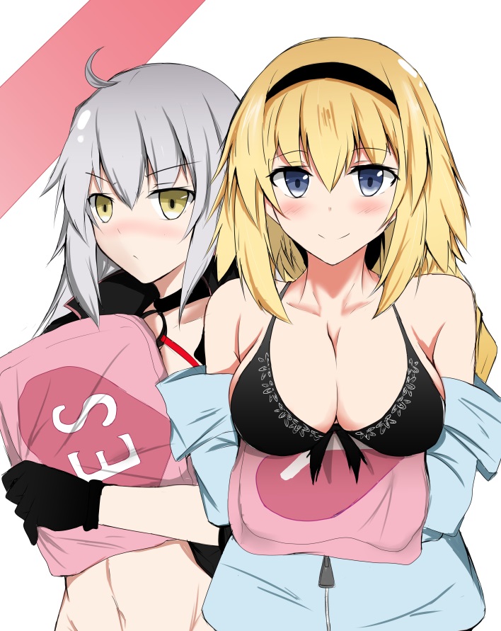 2girls ahoge bikini black_bikini black_gloves black_hairband black_jacket blue_jacket blush braid breasts cropped_jacket fate/grand_order fate_(series) front-tie_bikini front-tie_top gloves hairband hood hooded_jacket isshii13 jacket jeanne_d'arc_(alter_swimsuit_berserker) jeanne_d'arc_(fate)_(all) jeanne_d'arc_(swimsuit_archer) large_breasts long_braid long_hair looking_at_viewer multiple_girls o-ring o-ring_top open_clothes open_jacket pillow pillow_hug shrug_(clothing) single_braid swimsuit white_hair yes yes-no_pillow