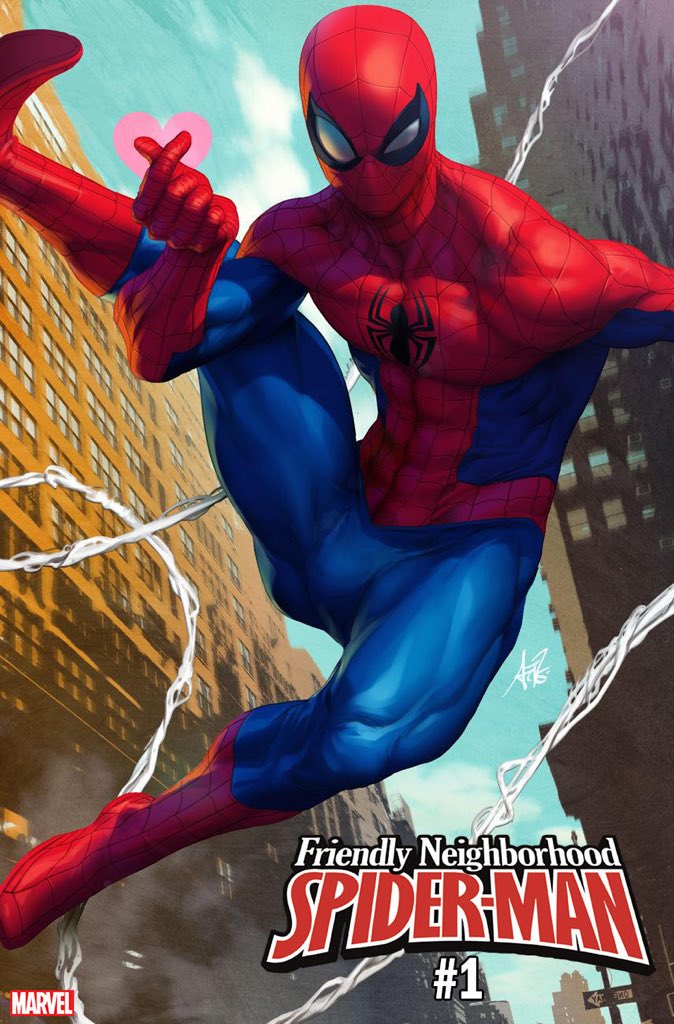 1boy blue_sky bodysuit building city cityscape comic cover cover_page facing_viewer heart looking_at_viewer marvel mask muscle silk skin_tight sky spider-man spider-man_(series) spider_web spider_web_print stanley_lau superhero webbing