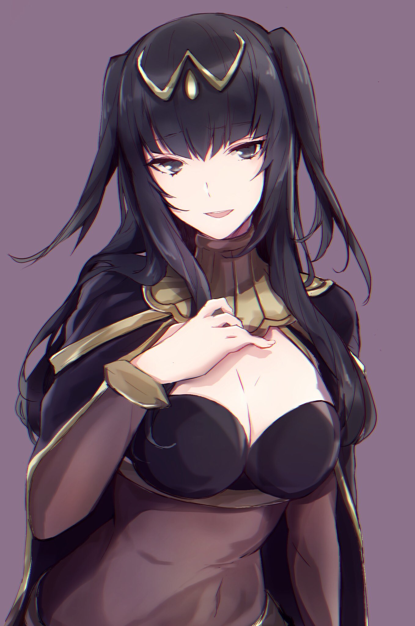 1girl aiueo1234853 black_eyes black_hair bodysuit breasts cape cleavage fire_emblem fire_emblem:_kakusei highres long_hair medium_breasts nintendo parted_lips short_twintails simple_background solo tharja tiara twintails upper_body