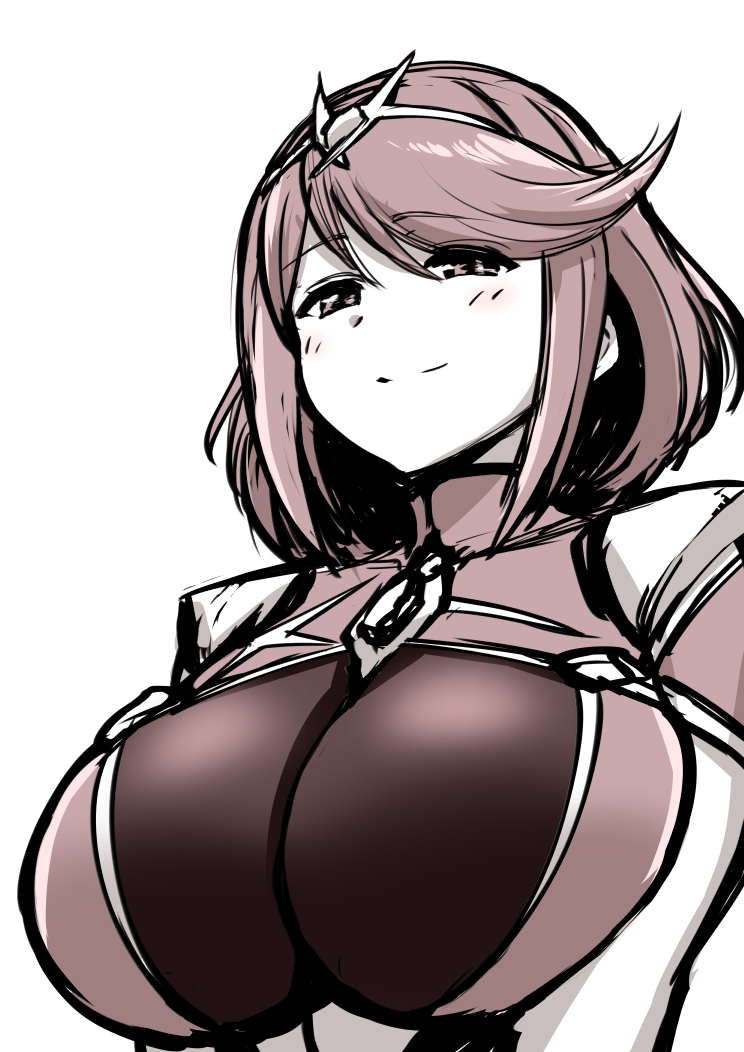 1girl bangs blush breasts pyra_(xenoblade) kanno_takanori large_breasts looking_at_viewer nintendo red_eyes redhead short_hair shoulder_armor sidelocks simple_background smile solo swept_bangs tiara upper_body v_arms white_background xenoblade_(series) xenoblade_2