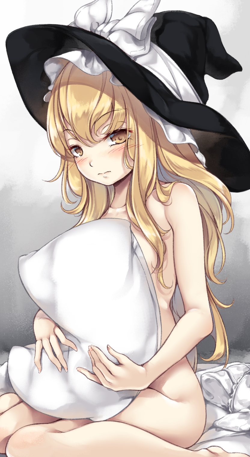 1girl blonde_hair blush breasts covering covering_breasts hair_between_eyes hat hat_ribbon highres kirisame_marisa long_hair looking_at_viewer lun_(fatalism2018) nude pillow pillow_grab ribbon sitting small_breasts solo touhou underwear_removed white_ribbon witch_hat yellow_eyes
