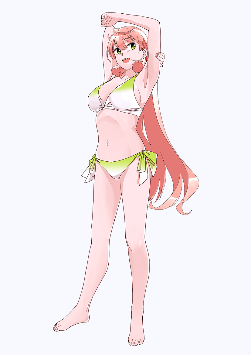 1girl :d akashi_(kantai_collection) armpits arms_up barefoot bikini breasts commentary_request full_body gradient_bikini green_bikini green_eyes grey_background hair_ribbon kantai_collection large_breasts long_hair looking_at_viewer navel ojipon open_mouth pink_hair ribbon side-tie_bikini simple_background smile solo standing swimsuit tress_ribbon