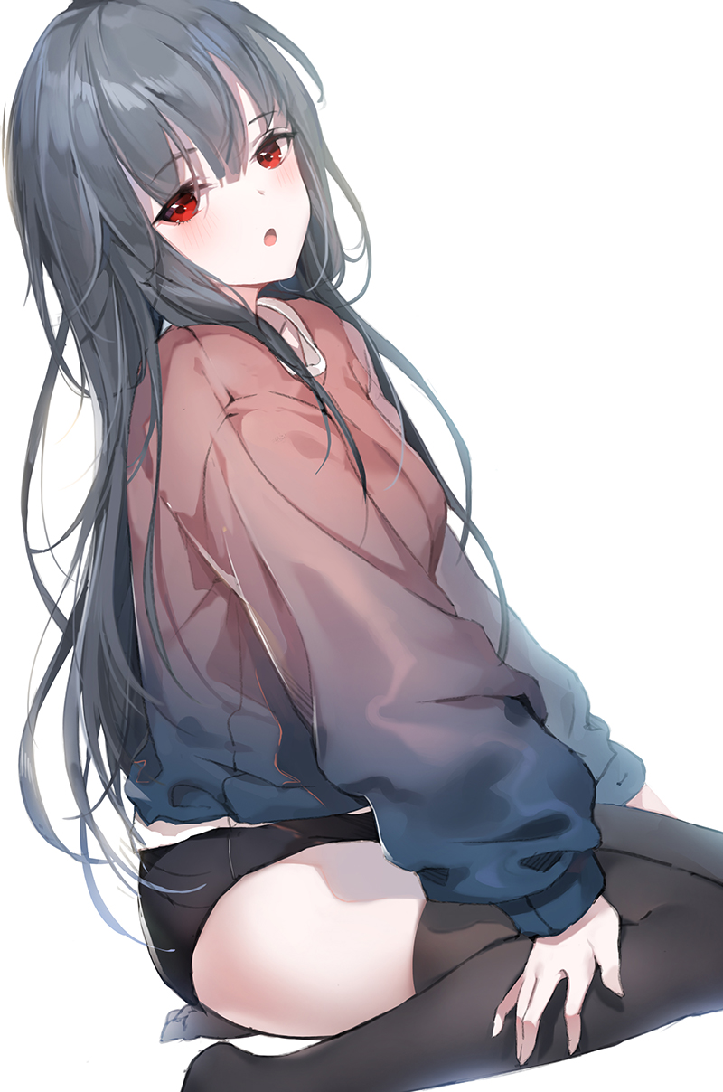 1girl :o bangs black_legwear black_swimsuit blue_shirt blush dutch_angle eyebrows_visible_through_hair gradient gradient_shirt grey_hair hair_between_eyes hand_on_leg highres looking_at_viewer looking_to_the_side no_shoes original parted_lips puffy_short_sleeves puffy_sleeves red_eyes red_shirt shirt short_sleeves sitting solo swimsuit swimsuit_under_clothes thigh-highs wariza white_background yumaomi