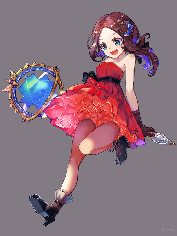 1girl :d bare_shoulders black_footwear blush brown_gloves brown_hair commentary_request dress fate/grand_order fate_(series) full_body gloves green_eyes hair_ornament high_heels legs leonardo_da_vinci_(fate/grand_order) long_hair looking_down moon_(ornament) open_mouth red_dress short_dress simple_background sleeveless sleeveless_dress smile solo staff strapless strapless_dress younger zeromomo