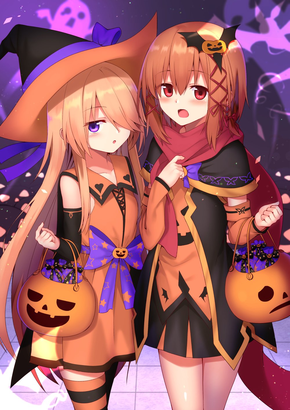 2girls :o bag bangs black_hat black_legwear black_skirt black_sleeves blush bow brown_hair collarbone commentary_request detached_sleeves dress eyebrows_visible_through_hair fangs ghost hair_between_eyes hair_ornament hair_over_one_eye halloween_basket hat hat_bow heart highres jack-o'-lantern jack-o'-lantern_hair_ornament light_brown_hair long_hair long_sleeves mahcdai mismatched_legwear multiple_girls open_clothes open_dress open_mouth orange_shirt orange_sleeves original parted_lips pleated_skirt purple_bow red_eyes red_scarf scarf shirt sidelocks skirt sleeveless sleeveless_dress standing star star_print striped striped_legwear thigh-highs very_long_hair violet_eyes witch_hat