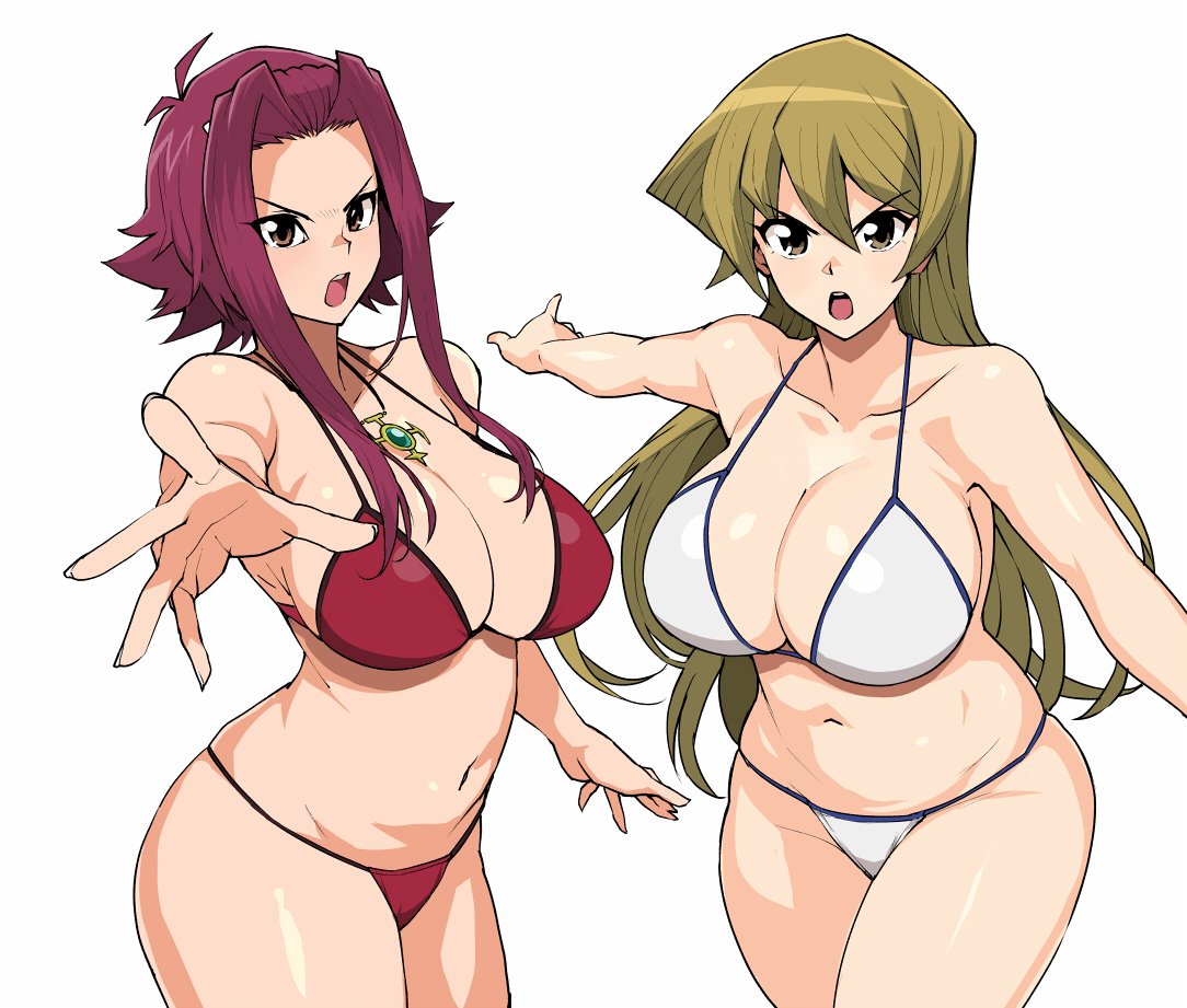 2girls bare_shoulders bikini blonde_hair breasts brown_eyes cleavage collarbone curvy female izayoi_aki jewelry large_breasts long_hair looking_at_viewer multiple_girls navel necklace open_mouth outstretched_arm red_bikini redhead serious shiny shiny_hair shiny_skin short_hair_with_long_locks sidelocks simple_background string_bikini swimsuit tamagoroo_(funifuni_labo) tenjouin_asuka thighs white_background white_bikini yu-gi-oh! yuu-gi-ou yuu-gi-ou_5d's yuu-gi-ou_gx