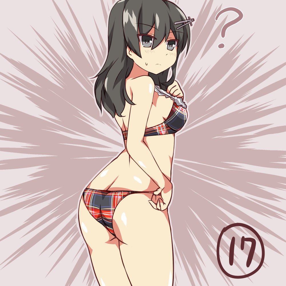 1girl ? ass black_hair bra breasts butt_crack commentary_request cowboy_shot emphasis_lines from_behind grey_background grey_eyes hair_ornament hairclip kantai_collection medium_breasts numbered oyashio_(kantai_collection) panties plaid plaid_bra plaid_panties solo underwear wahiko_(black_bastard)