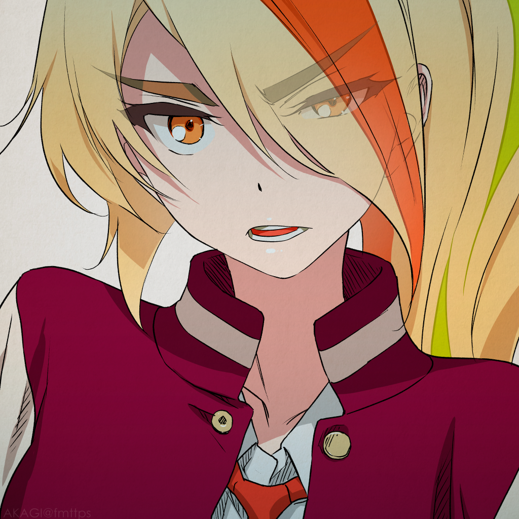 1girl akagi_(fmttps) blonde_hair close-up delinquent eyebrows_visible_through_hair eyes_visible_through_hair green_hair jacket letterman_jacket multicolored_hair nikaidou_saki orange_eyes orange_hair solo streaked_hair sukeban upper_body yankee zombieland_saga