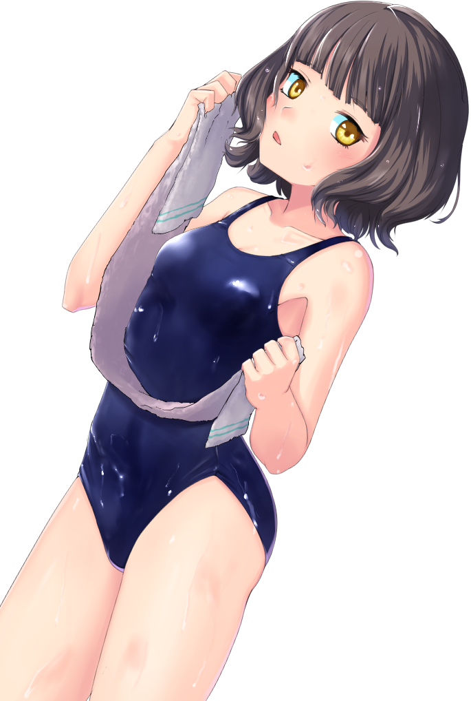 0625a 1girl bangs black_hair blue_swimsuit blunt_bangs collarbone cowboy_shot kantai_collection kishinami_(kantai_collection) looking_at_viewer new_school_swimsuit school_swimsuit short_hair simple_background solo swimsuit towel wavy_hair wet white_background yellow_eyes