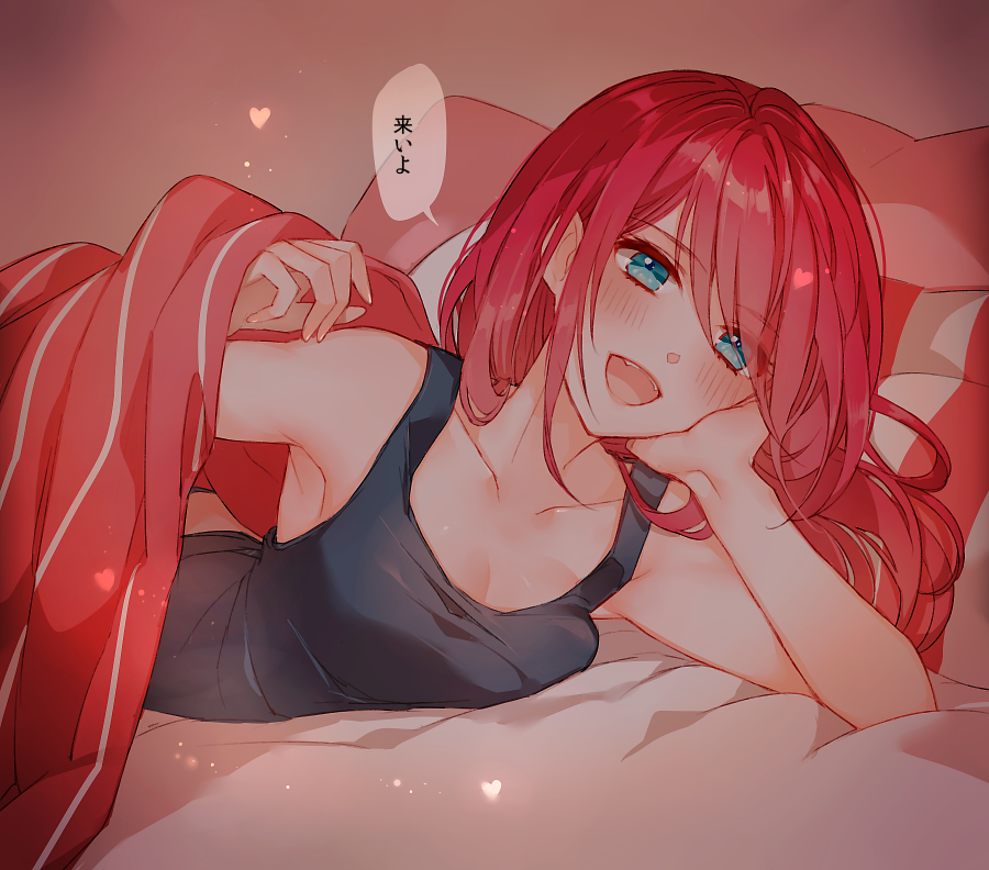 1girl :d bang_dream! bangs bed_invitation black_tank_top blue_eyes blush breasts chin_rest chino_machiko cleavage collarbone dark_room heart long_hair looking_at_viewer lying medium_breasts on_side open_mouth pillow redhead smile solo tank_top translated udagawa_tomoe under_covers