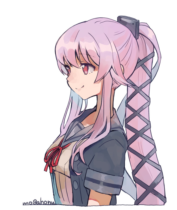 1girl black_jacket black_ribbon grey_sailor_collar grey_skirt hair_flaps hair_ribbon jacket kantai_collection long_hair mogamiya_honu neck_ribbon pink_hair ponytail red_eyes red_ribbon remodel_(kantai_collection) ribbon sailor_collar school_uniform serafuku simple_background skirt smile solo upper_body very_long_hair white_background yura_(kantai_collection)