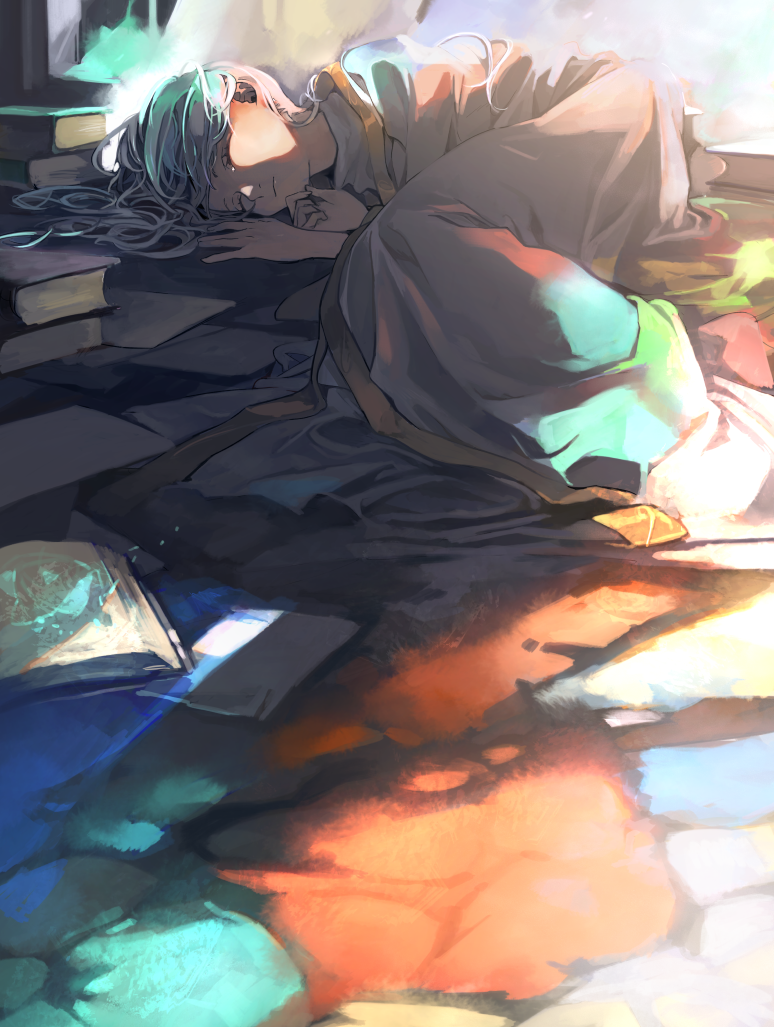 1girl book closed_eyes closed_mouth habit index long_hair lying nun on_floor on_side paper silver_hair sleeping solo to_aru_majutsu_no_index toooka