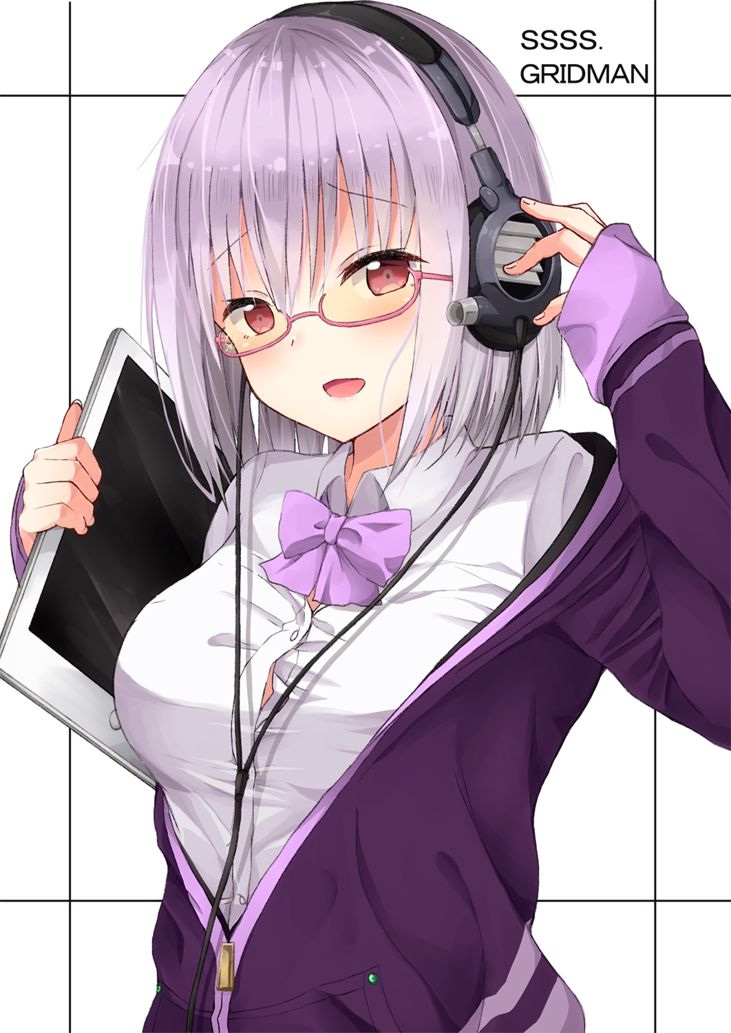 1girl :d arm_up bangs blush bow bowtie breasts collared_shirt commentary_request copyright_name dress_shirt eyebrows_visible_through_hair glasses hair_between_eyes hand_up headphones highres holding ipad jacket lavender_hair long_sleeves medium_breasts medium_hair off_shoulder open_clothes open_jacket open_mouth partially_unzipped pink-framed_eyewear purple_bow purple_jacket purple_neckwear red_eyes school_uniform semi-rimless_eyewear shinjou_akane shirt sleeves_past_wrists smile solo ssss.gridman tablet tablet_pc two-tone_background under-rim_eyewear white_background white_shirt wing_collar yuzuzukushi zipper zipper_pull_tab