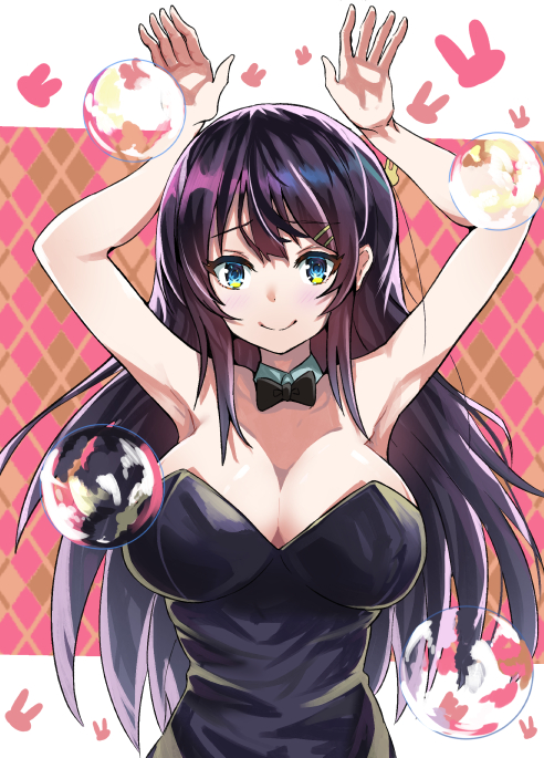 1girl arms_up black_hair black_leotard black_neckwear bow bowtie breasts bubble bunny_pose cowboy_shot detached_collar large_breasts leotard long_hair looking_at_viewer pantyhose plaid plaid_background playboy_bunny_leotard sakurajima_mai seishun_buta_yarou solo strapless strapless_leotard violet_eyes watanuki_(0000861884)