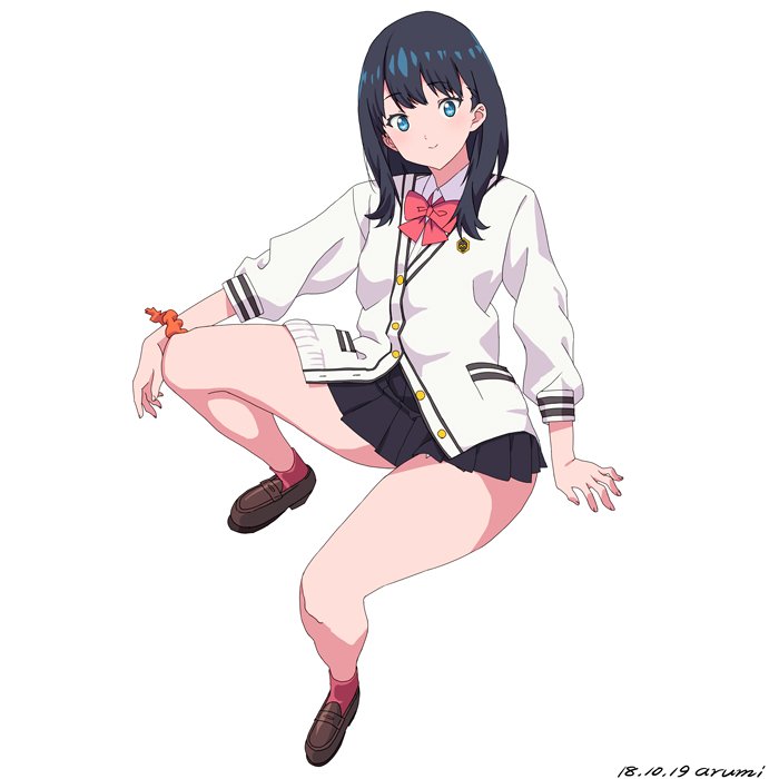 1girl baba_arumi black_hair black_skirt blue_eyes cardigan long_hair long_sleeves looking_at_viewer pleated_skirt school_uniform scrunchie shirt sitting skirt ssss.gridman takarada_rikka thighs white_shirt wrist_scrunchie