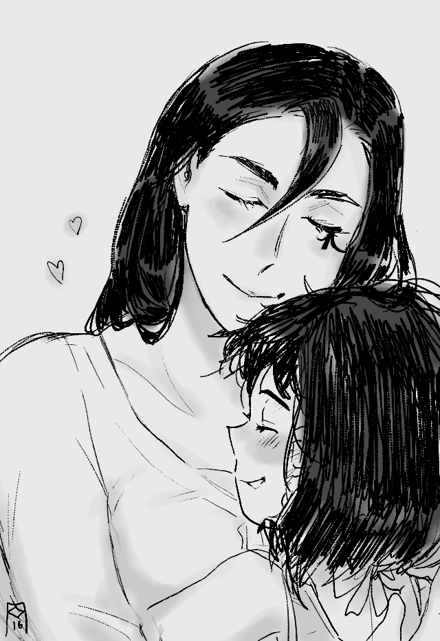 2girls ana_(overwatch) apple_(appleuniversing) blush closed_eyes closed_mouth commentary doodle english_commentary facing_viewer from_side greyscale hair_between_eyes heart hug long_bangs long_hair monochrome multiple_girls overwatch pharah_(overwatch) profile shirt short_hair smile upper_body