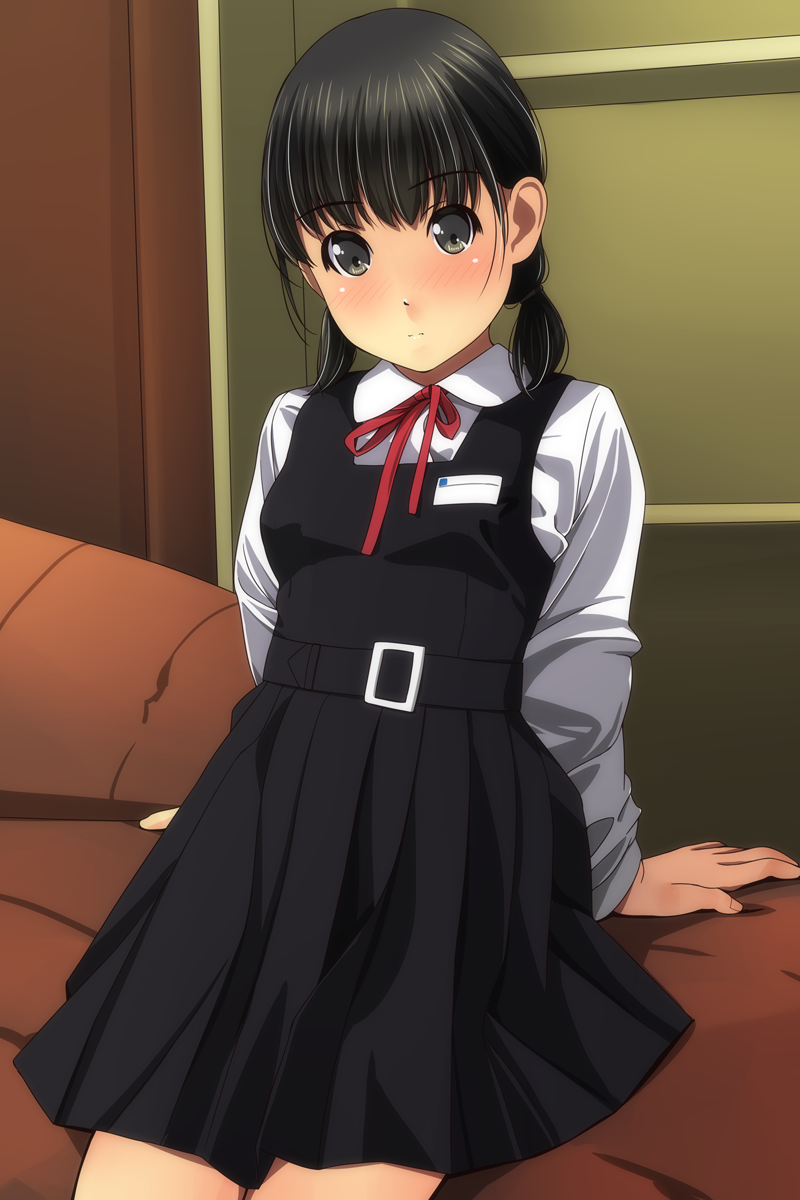 1girl arm_support bangs belt belt_buckle black_belt black_dress black_eyes black_hair blush breasts buckle closed_mouth collared_shirt commentary_request dress eyebrows_visible_through_hair fingernails head_tilt highres indoors long_sleeves looking_at_viewer low_twintails matsunaga_kouyou neck_ribbon nose_blush original pinafore_dress pleated_dress red_ribbon ribbon shirt short_twintails small_breasts solo twintails white_shirt
