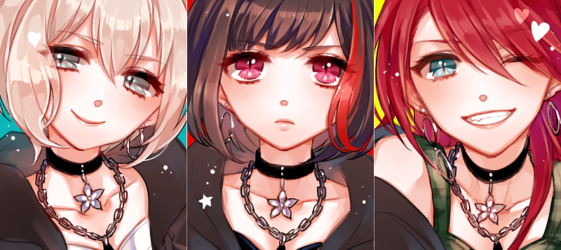 3girls aoba_moca bang_dream! bangs black_choker black_hair black_jacket blue_eyes bob_cut breasts chain_necklace chino_machiko choker cleavage collarbone earrings eyebrows_visible_through_hair frown grey_hair grin hair_over_one_eye hoop_earrings jacket jewelry long_hair looking_at_viewer mitake_ran multicolored_hair multiple_girls off_shoulder one_eye_closed redhead short_hair slit_pupils smile streaked_hair udagawa_tomoe upper_body violet_eyes