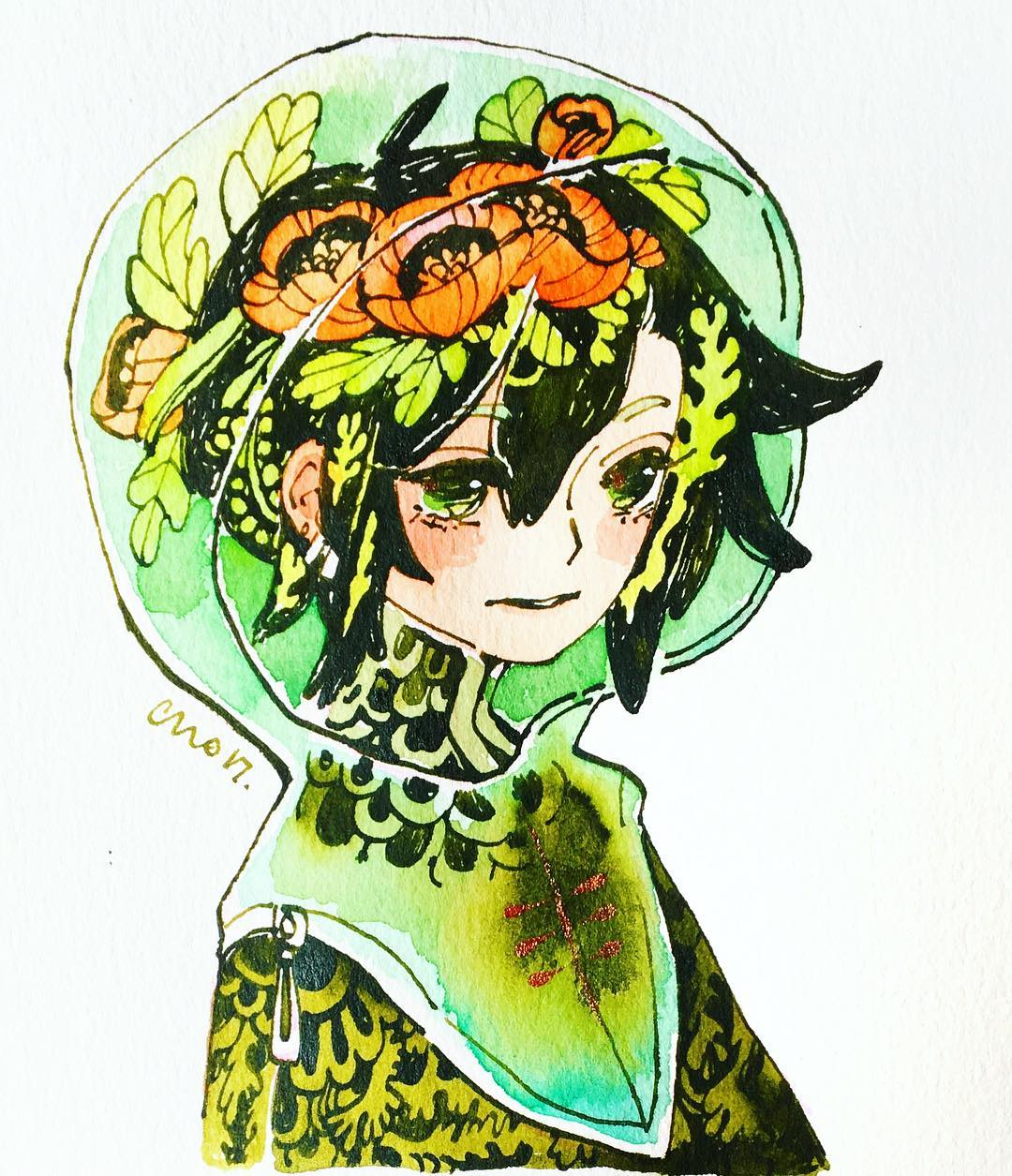 1girl black_hair flower green_eyes hair_between_eyes highres hood leaf maruti_bitamin original parted_lips photo portrait see-through short_hair simple_background solo traditional_media white_background