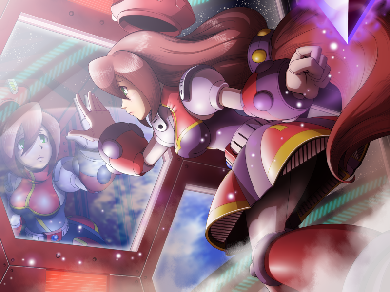 1girl android beret breasts brown_hair capcom clenched_hand dress green_eyes hair_between_eyes hat iris_(rockman_x) long_hair medium_breasts napo red_hat reflection rockman rockman_x rockman_x4 solo space very_long_hair