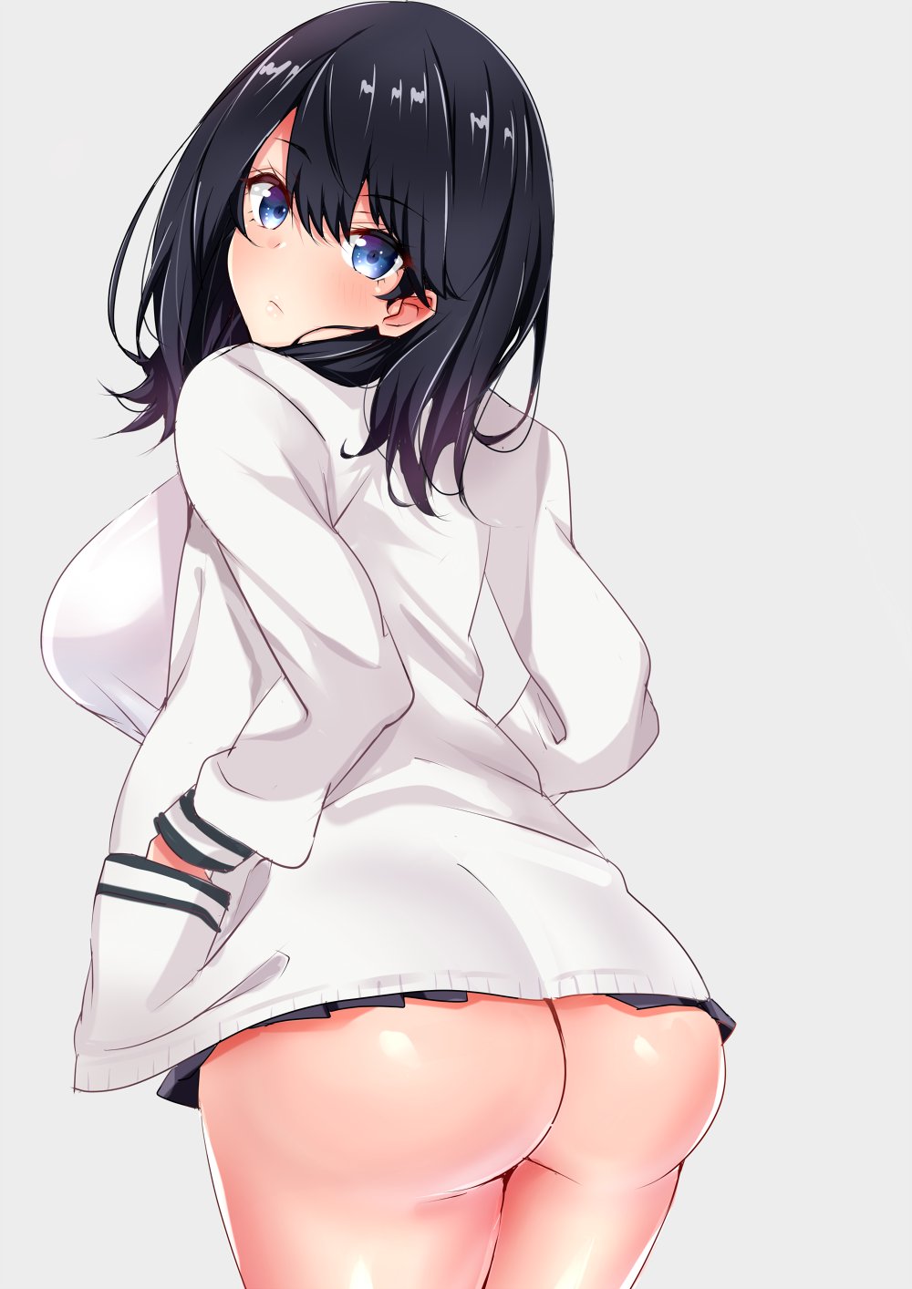 1girl ass bangs black_hair black_skirt blue_eyes blush breasts closed_mouth hands_in_pockets highres hips large_breasts long_hair long_sleeves looking_at_viewer looking_back miniskirt pleated_skirt sankakusui school_uniform shiny shiny_hair shiny_skin simple_background skirt solo ssss.gridman sweater swept_bangs takarada_rikka thighs white_background white_sweater