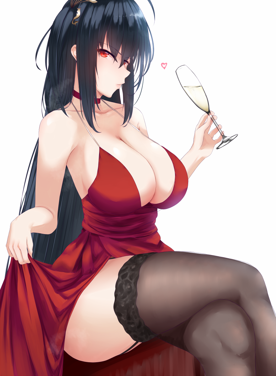 1girl alcohol awu azur_lane bangs bare_shoulders black_hair black_legwear breasts champagne champagne_flute choker cleavage cocktail_dress crossed_bangs cup dress drinking_glass hair_between_eyes highres large_breasts long_hair looking_at_viewer mask mask_on_head red_choker red_dress red_eyes sitting solo taihou_(azur_lane) thigh-highs