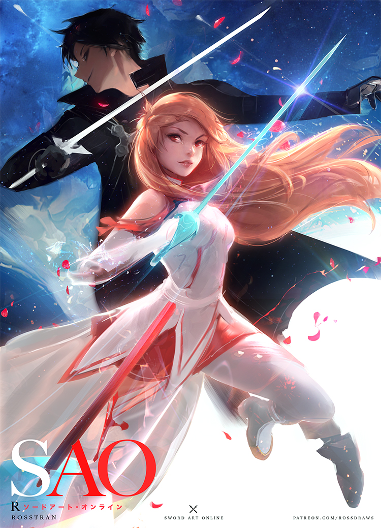 1boy 1girl asuna_(sao) bare_shoulders black_hair brown_hair coattails commentary dress elbow_gloves english_commentary gloves height_difference holding holding_weapon kirito lens_flare long_coat long_hair making_of petals rapier red_eyes red_skirt ross_tran skirt sword sword_art_online weapon white_dress white_gloves white_legwear