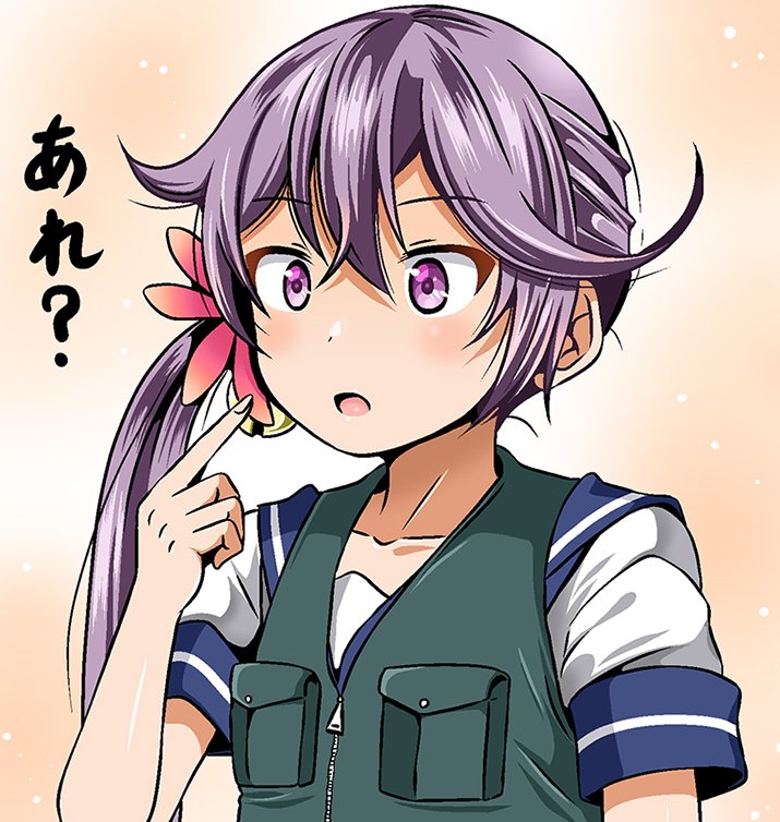 1girl akebono_(kantai_collection) bell commentary_request fishing_gear flower hair_bell hair_between_eyes hair_flower hair_ornament kantai_collection long_hair open_mouth pointing pointing_at_self purple_hair sailor_collar sailor_shirt shino_(ponjiyuusu) shirt short_sleeves side_ponytail solo translated upper_body vest violet_eyes