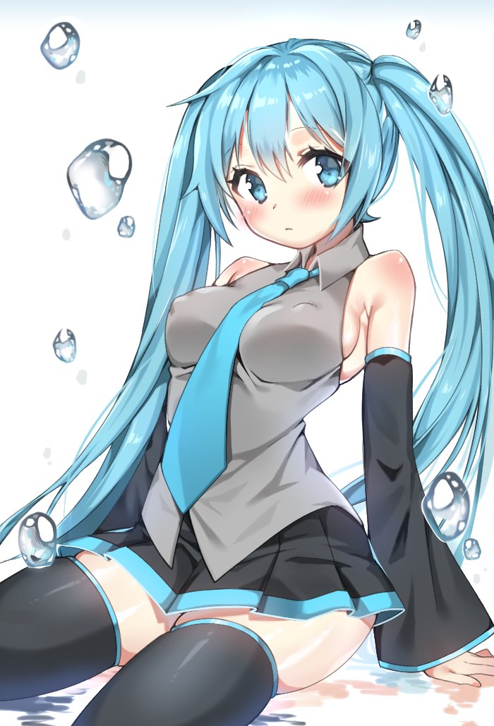 1girl aqua_eyes aqua_hair bangs blush breasts detached_sleeves erect_nipples hair_between_eyes hatsune_miku konsom long_hair medium_breasts necktie sidelocks sitting skindentation skirt solo thigh-highs twintails very_long_hair vocaloid water_drop