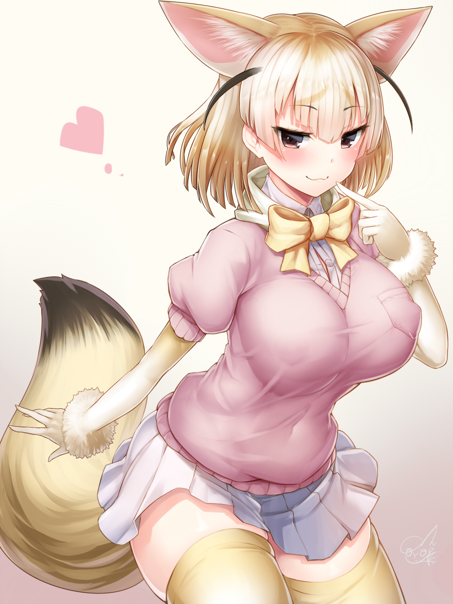 1girl :3 animal_ears blonde_hair blush breasts brown_eyes covered_nipples doyouwantto erect_nipples eyebrows_visible_through_hair fennec_(kemono_friends) fox_ears fox_tail gloves heart highres kemono_friends large_breasts looking_at_viewer pleated_skirt school_uniform skirt smile solo standing tail thigh-highs yellow_legwear